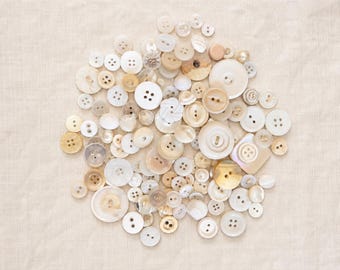 100+ Vintage White/ Neutral Buttons, Mixed Sizes, Types & Materials, Crafts, Journals, Sewing Supplies