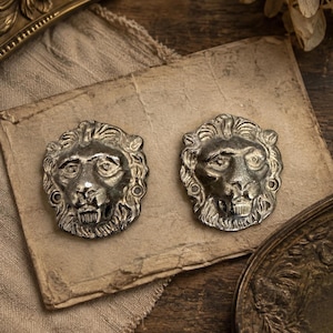 May include: Two metallic lion head ornaments with a weathered silver finish. Each piece features a detailed mane, prominent facial features, and two small circular holes on the sides for mounting, showcasing a sculptural design with a dark patina.