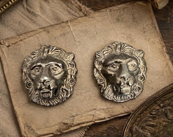 Vintage cast metal lion head furniture overlays (pair) -accent piece, garden accent, drawer pull, tieback
