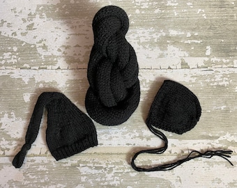 The {Onyx} Newborn Long Tailed Sleepy Cap, Bonnet & Knit Wrap Set