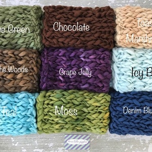 May include: Nine different colors of chunky knit yarn, including olive green, chocolate, toasted marshmallow, into the woods, grape jelly, icy blue, truly teal, moss, and denim blue.