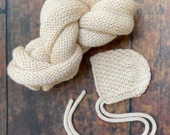 The {Almond Butter} Basket Weave Bonnet or Sleepy Cap with Faux Fur Pom Wrap Newborn Photography Set