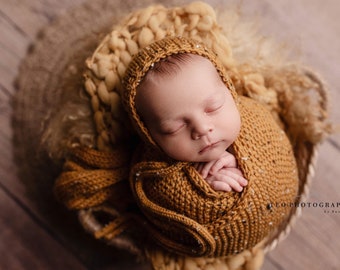 The {Golden Dreams Tweed} Newborn Bonnet, Knit Wrap, Blanket, Layer, Set