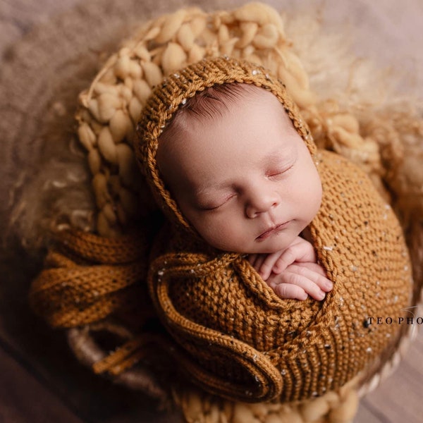 The {Golden Dreams Tweed} Newborn Bonnet, Knit Wrap, Blanket, Layer, Set