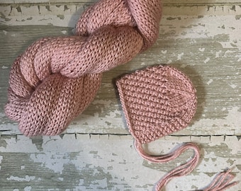 The {Carnation Heather} Newborn Basket Weave Bonnet & Knit Wrap Set