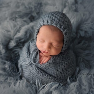 Dusty Blue Bonnet, Sleepy Cap & Knit Wrap Set