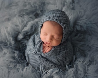 Dusty Blue Bonnet, Sleepy Cap & Knit Wrap Set