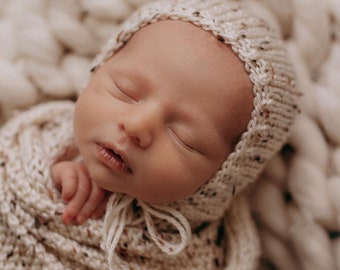 Cream Tweed Newborn Long Tailed Sleepy Cap,  Bonnet and Wrap Set