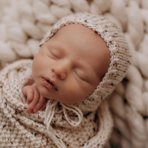 Cream Tweed Newborn Long Tailed Sleepy Cap,  Bonnet and Wrap Set