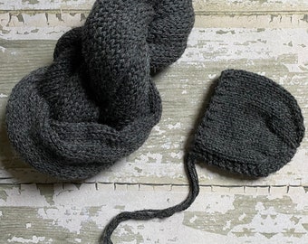 The {Charcoal Gray} Bonnet, Sleepy Cap & Knit Wrap Set and Matching Blanket