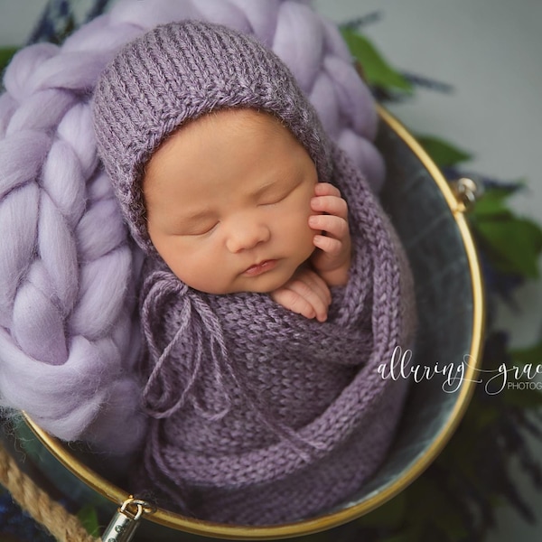 The {Sugar Plum} Newborn Long Tailed Sleepy Cap, Bonnet & Knit Wrap Set