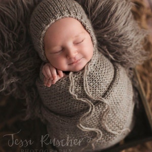 The {Porcini} Newborn Bonnet, Sleepy Cap, Knit Wrap Set