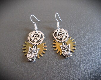 Owl Hoot Steampunk Cogwheel Earrings Industrial Unique