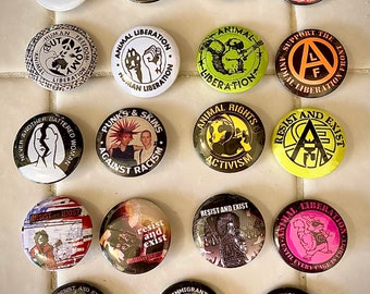 19 activist, anarcho punk, resist and exist pins