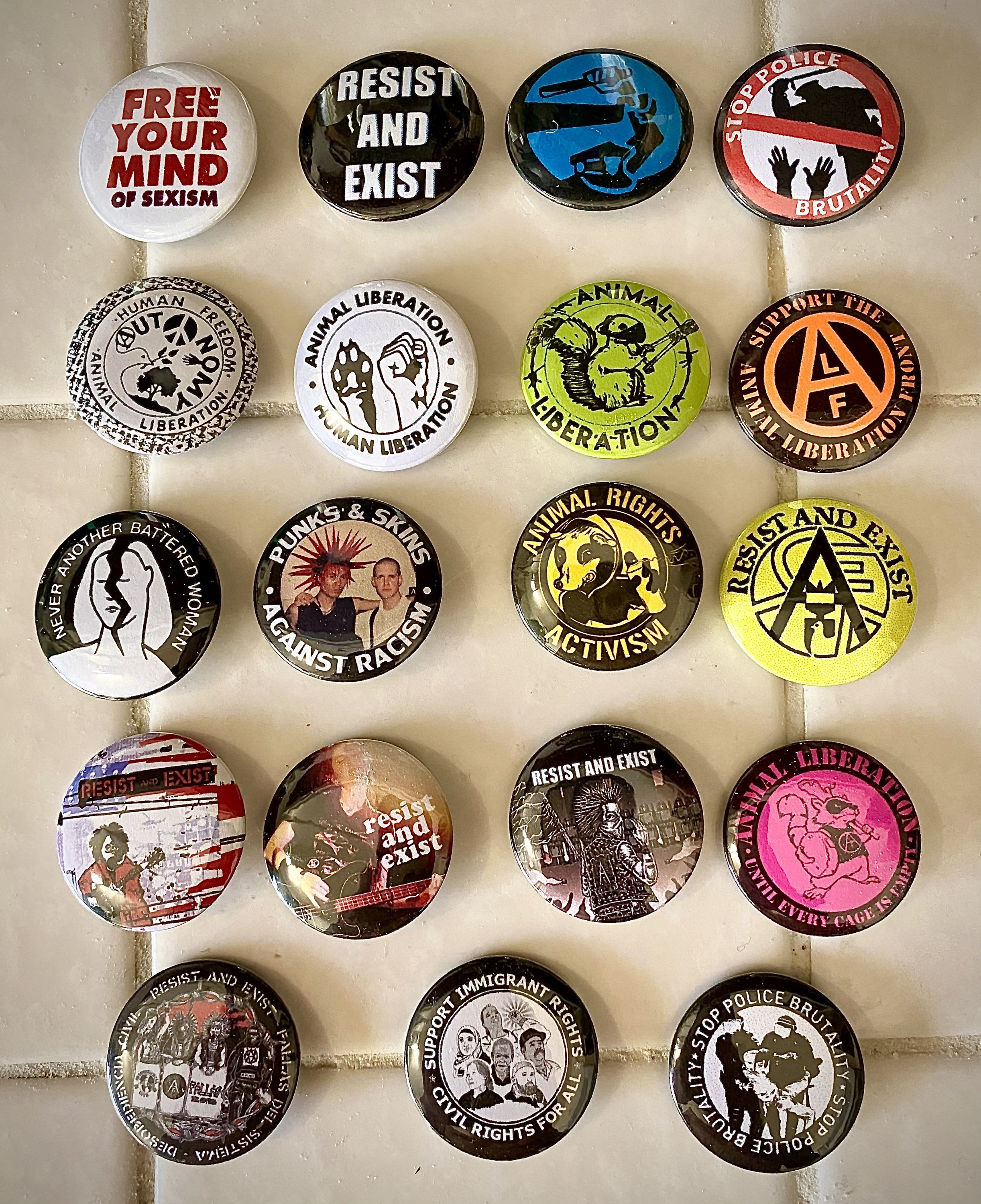 19 Activist, Anarcho Punk, Resist and Exist Pins 