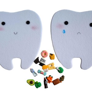 Happy tooth - Sad tooth with food trinkets, Good and bad food for teeth, Sorting activity, 15x17cm tooth, Set of 2 teeth+20food trinkets