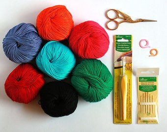 Starter Crochet Kit - 7 Italian yarn balls BBB Casba  in your choice of colors, Clover Amour crochet hook, Scissors, Clover Tapestry needles