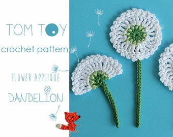 Dandelion flower applique Digital PDF Crochet PATTERN, Bloom collection by TomToy, Easy DIY flower embellishment, Step by step tutorial