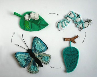 Butterfly life cycle felt playset, 2-12cm, set of 4: leaf, eggs, caterpillar, pupa, butterfly