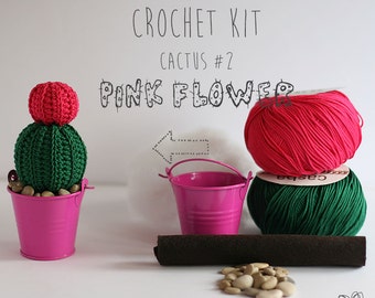 Crochet Kit Cactus #2 Pink Flower, Make your own cacti of many colors , DIY easy crochet project plant in a tin pail, All materials included