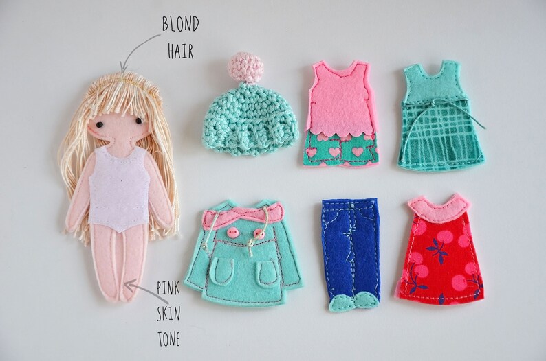 Vilt Papier Doll Starter set 2, Doll Dressing Play set, Meisje meeneem speelgoed, Aangepaste pop Huid en haarkleur afbeelding 7