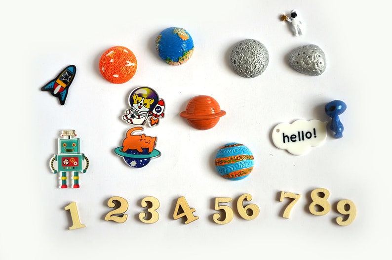 Space Theme I Spy trinkets, Astronaut Planets Alien miniatures, 1-3cm, Set of 22 image 1