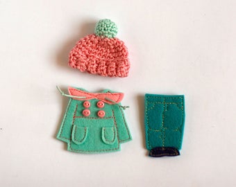 Winter Dressing set for TomToy Felt "paper" doll, coat 6.5x5cm, Set of 3 outfits