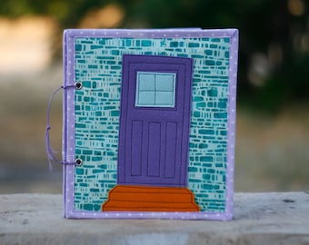 Fabric Dollhouse, Mint bricks Violet door, Travel dollhouse book, 25x21.5cm, 4 rooms and covers