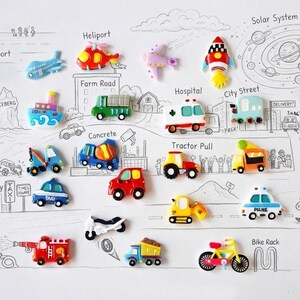 Cycle, Vroom & Cruise: I Spy trinkets cabochons – Transportation Theme Air, Land and Sea Vehicles,  Set of 20