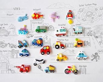Cycle, Vroom & Cruise: I Spy trinkets cabochons – Transportation Theme Air, Land and Sea Vehicles,  Set of 20