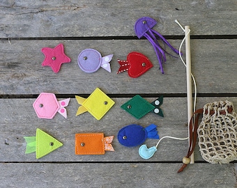 Magnetic Fishing set by TomToy, Felt fishing game, Toddlers activity, Small/ Big size, Set of: 10 fishes, wood fishing rod and crochet net