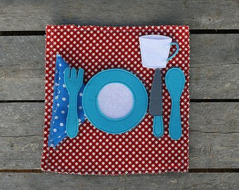 Place setting placemat, Cotton fabric and felt, 20x20cm (7.9x7.9"), placemat and utensils