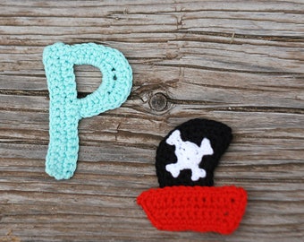 P is for Pirates Crochet Alphabet applique, Crochet Monogram, ABC letters crocheted personalize embellishment, 7-8cm tall, 1 letter+applique