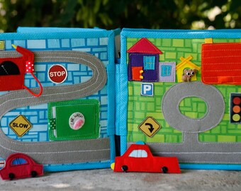 City double page spread for custom built Quiet Book by TomToy, Road map, Pretend play, Fabric Busy book pages, 20x20cm, Double page