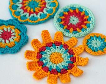Flowers Crochet applique, Color me collection, Rainbow flowers, Crochet Flower, Colorful flowers, Handmade flowers, 3.5-8cm, Set of 5