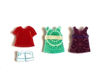 Summer Dressing set for TomToy Felt "paper" doll, dress 4x5cm, Set of 6 outfits