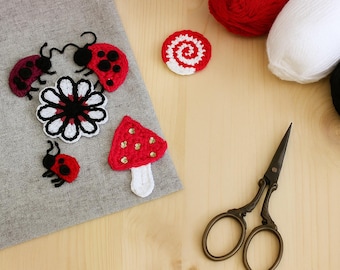 Whimsy World of Ladybug- Crochet applique in red, pink and violet, 3-5cm, Set of 6
