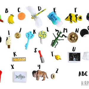 May include: A collection of miniature charms labeled A through Z, including a red and green airplane, yellow bananas, orange clock, dragonfly, blue car, yellow fish, grapes, black hat, ice cream, button, blue key, lollipop, insect, nest, cookie, circle, tool, ruler, screwdriver, teapot, ultrasound, white object, wrench, fish card, buffalo, and number zero.