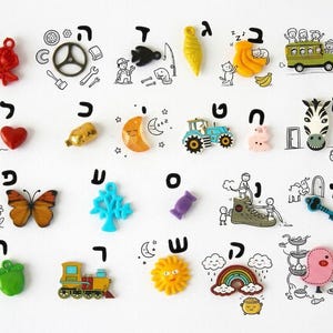Multilingual ABC Alphabet trinkets: French/ German/ Hebrew/ Italian/ Russian/ Spanish language, 1.5-3cm, 1 object per letter