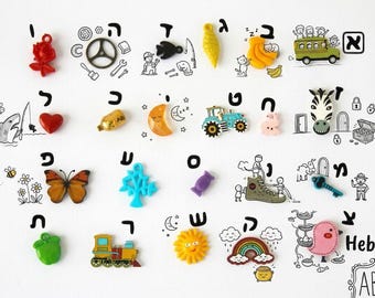 Multilingual ABC Alphabet trinkets: French/ German/ Hebrew/ Italian/ Russian/ Spanish language, 1.5-3cm, 1 object per letter