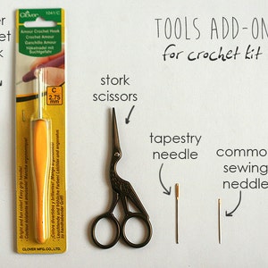 Tools add-on for TomToy Crochet Kits, Crochet tools- Clover Crochet hook, stork scissors, tapestry needle, common sewing needle