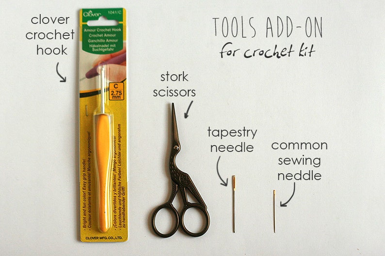 Tools add-on for TomToy Crochet Kits, Crochet tools Clover Crochet hook, stork scissors, tapestry needle, common sewing needle image 1