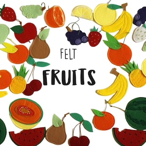 May include: A collection of colorful felt fruit cutouts, including strawberries, apples, oranges, pears, grapes, bananas, and watermelon. The text "FELT FRUITS" is displayed in black. These are likely for crafting or educational purposes.