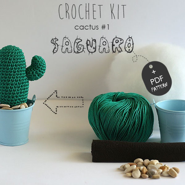 Crochet Kit Cactus #1 Saguaro, Make your own cacti of many colors, DIY easy crochet project plant in a tin pail, All materials included