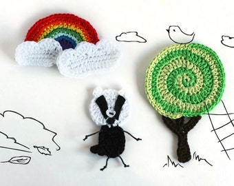 Crochet applique Woodland creatures, Embellishment motif - Badger and Bear set