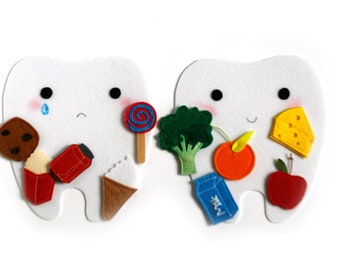 Little Happy tooth - Sad tooth, Felt sorting activity Good and bad food for teeth, 15x17cm tooth, Set of 2 teeth+10 food pcs