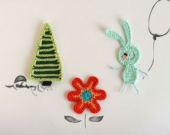 Crochet Applique Woodland creatures, Embellishment motif - Bunny set