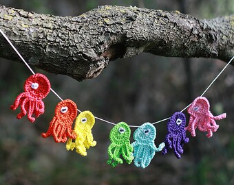 Rainbow octopus/jellyfish, Colorful Rainbow Crochet applique, Sew on applique, Kids patches, Nautical décor, 7-8cm, 1 piece/Rainbow set