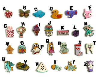 Sew-on Alphabet buttons, wooden painted two holes buttons, 1.5-3cm, 26 abc buttons