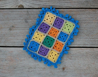 Miniature crochet blanket, Granny squares blanket with pompom trim, 14x10cm